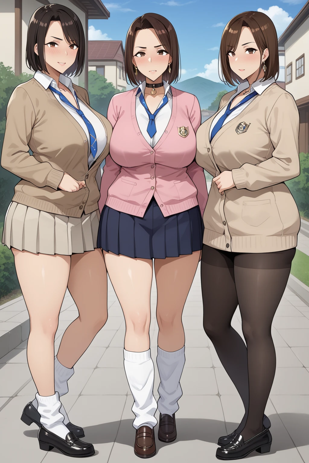 best quality, 4k, masterpiece, ultra-detailed, studio lighting, school bag, socks, cheerful, vibrant expression, ((Schoolgirl trio lined up)), gigantic breasts, cleavage of the breast, a blond, teats, thighs thighs thighs thighs, white panty, white lace bra, my shirt was wet, Dark skin, ladies, gals, Loose Socks, Brown hair, curvy body, ((sfw:1.3))