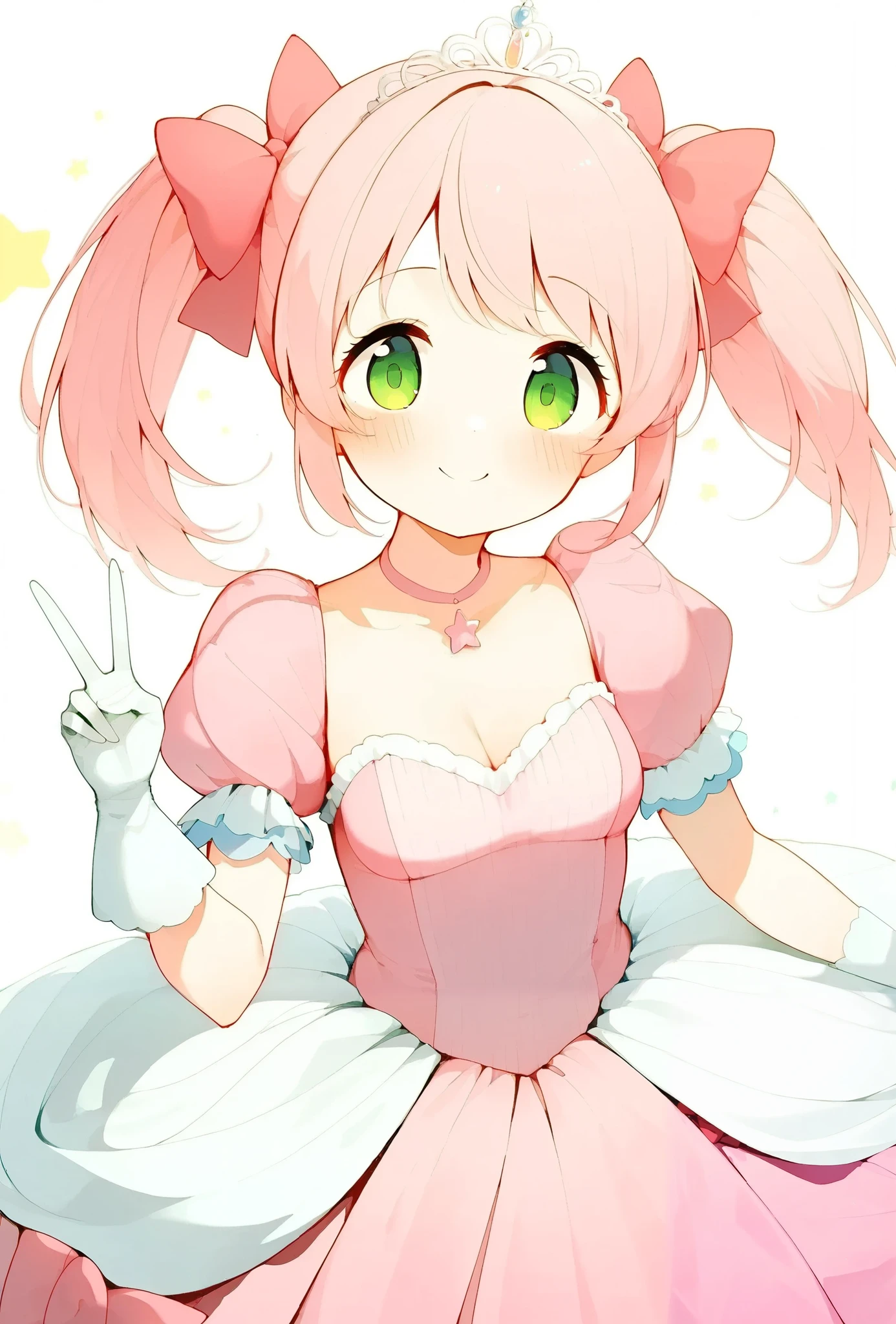 1girl, solo, {{{Makana}}}, (masterpiece:1.2), (best quality:1.2), (high quality:1.2), {{{green eyes}}}, {{{pink hair}}}, {{{twintails}}}, {{{red bow}}}, {{{hair bow}}}, {{{medium breasts}}}, {{{tareme}}}, {{{smile}}}, (accurate), {{{princess costume}}}, {{{{{puff sleeve}}}}}, {{{princess}}}, {{{frilled dress}}}, {{{cinderella (cosplay)}}}, {{{short sleeves}}}, {{{cinderella}}}, star princess, {{{pink dress}}}, {{{tiara}}}, {white puff sleeve}, peace sign, {princess gloves}, {{white princess gloves}}, {{{short sleeves}}}, {loli}, {{{beautiful hands}}}, {{{{{beautiful finger}}}}},