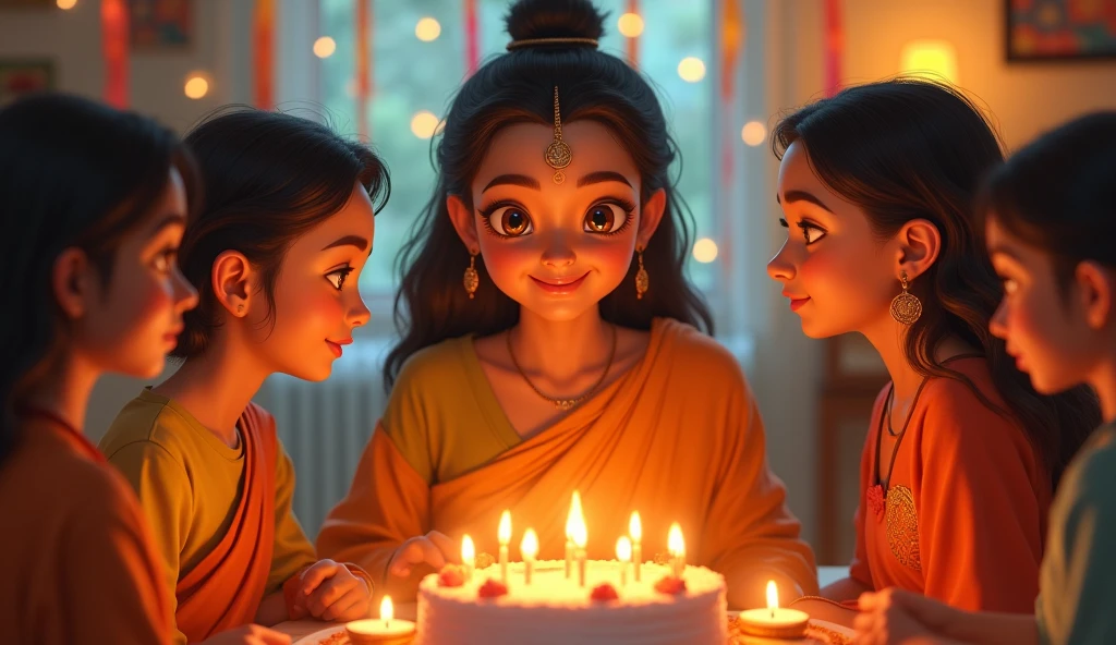 In 3D animation style:Villagers lighting lamps** in the temple, praying for prosperity and expressing their faith in karma.