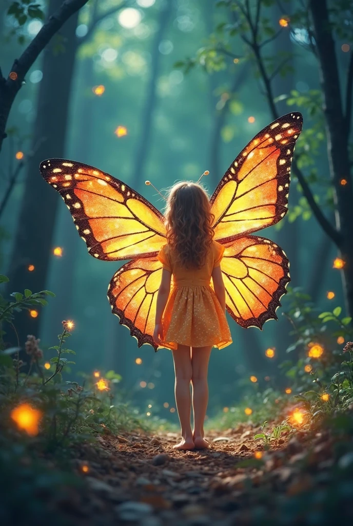 pixar image, a rare butterfly costume, in an enchanted forest dark hair , big wings, at the age of 11