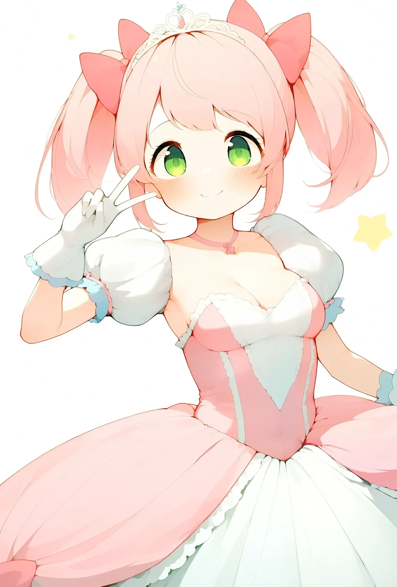 1girl, solo, {{{Makana}}}, (masterpiece:1.2), (best quality:1.2), (high quality:1.2), {{{green eyes}}}, {{{pink hair}}}, {{{twintails}}}, {{{red bow}}}, {{{hair bow}}}, {{{medium breasts}}}, {{{tareme}}}, {{{smile}}}, (accurate), {{{princess costume}}}, {{{{{puff sleeve}}}}}, {{{princess}}}, {{{frilled dress}}}, {{{cinderella (cosplay)}}}, {{{short sleeves}}}, {{{cinderella}}}, star princess, {{{pink dress}}}, {{{tiara}}}, {white puff sleeve}, peace sign, {princess gloves}, {{white princess gloves}}, {{{short sleeves}}}, {}, {{{beautiful hands}}}, {{{{{beautiful finger}}}}},