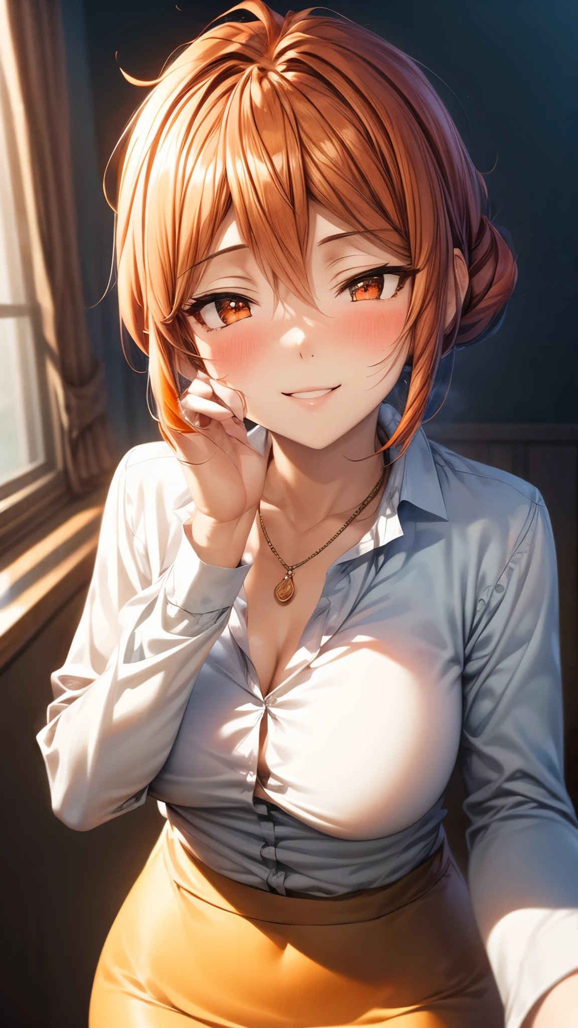 (Ultra High Quality,ultra high definition,16k,Super Masterpiece,Ultra HD ,detailed shading and background,) upper body shot from below,Sexy Wife,Orange hair put together, white long sleeve shirt,Chest Valley,necklaces,Pencil Skirt,smile,blush,Thick lips,living,Leaning forward greatly,
