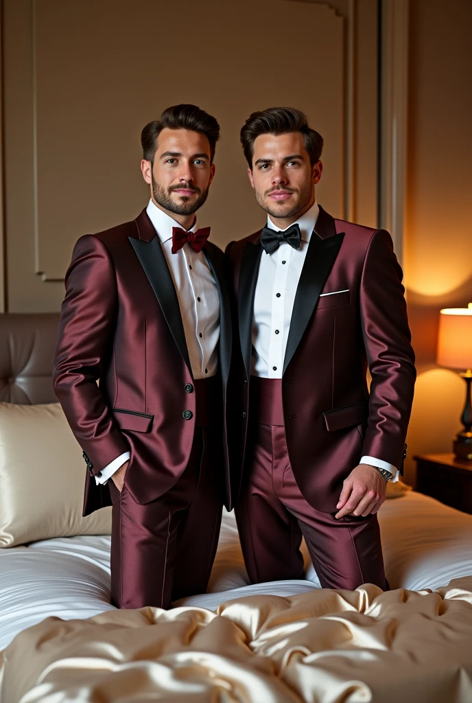(Two handsome muscular young men),  Marriage of two handsome muscular gay men, The couple wears red and black tuxedos to their church wedding, Mischievous smile, (high detailing:1 1)、big penis under bikini, Natural Muscle、hightquality、beautidful eyes、(Detailed face and eyeless:1 2)、Noise、realphoto、....PSD、Sharp Focus、High resolution 8K、realistic and professional photos、8K UHD、Soft lighting、hightquality、Film grain、FUJI XT3