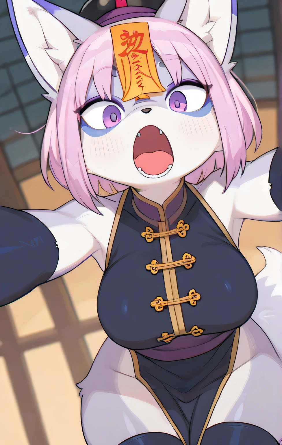 in, top quality, masterpiece、 cartoon anime、female furry、 Kyung-si the fox、sigh、open mouth、Jiangshi clothing、reaches out to prey on viewers