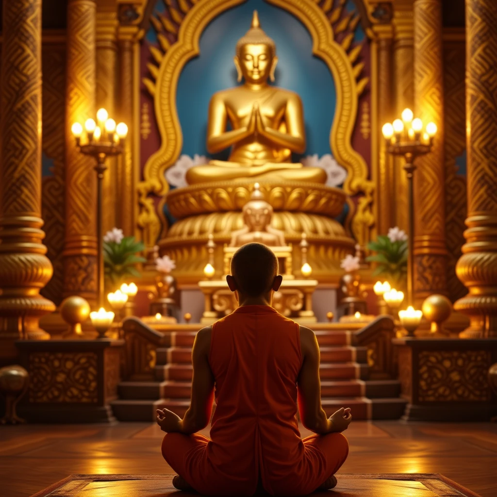 ，masterpiece, Highest quality，8k, Ultra-high resolution，In the quiet pagoda，Weak morning light reflection。A huge Buddha statue stands tall in the center of the hall，Breathing life into it，Every detail has been carefully carved by an artist。The Buddha is seated majestically on the lotus throne，There is a sacred atmosphere there.。Light of the sun, Coming in through the upper window, Casts mottled light and shadow，The whole venue is illuminated with peace.。

The Buddha statue is majestic，Unique details give a realistic and dynamic impression。Buddha's eyes shone brightly，You seem capable., Seeing through the world&#39;s difficultieeticulous hand engraving highlights the texture of the fingertips and the gentle posture.，Creates a sense of detached meditation。The golden robe caught the light and shone softly.，it was, Like a heavenly glow。

Devotees gathered around the temple，They were in awe, Worshiping a Buddha statue，Kneel on the floor and ponder the scriptures。Her figure is enveloped in a warm glow，The outline is clearly visible。The walls of the hall are covered with colorful prayer flags.，Swaying in the wind，Gives the whole room a mysterious and grand atmosphere。