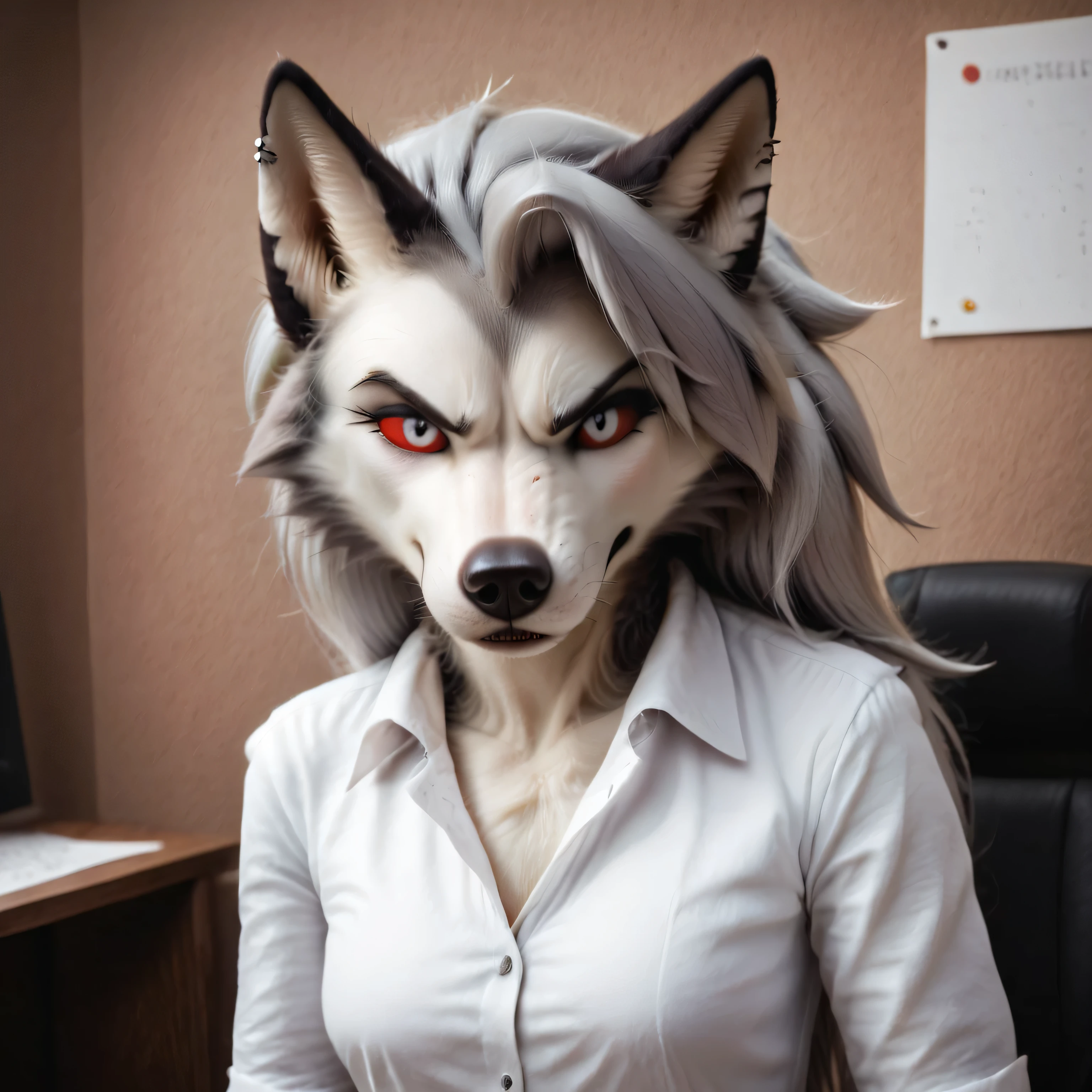 furry, ((masterpiece)), best quality, 1girl, solo, (anthro, wolf), (detailed background, standing, office), (loona, mad face, annoyed face), photorealistic, fixl-art, .