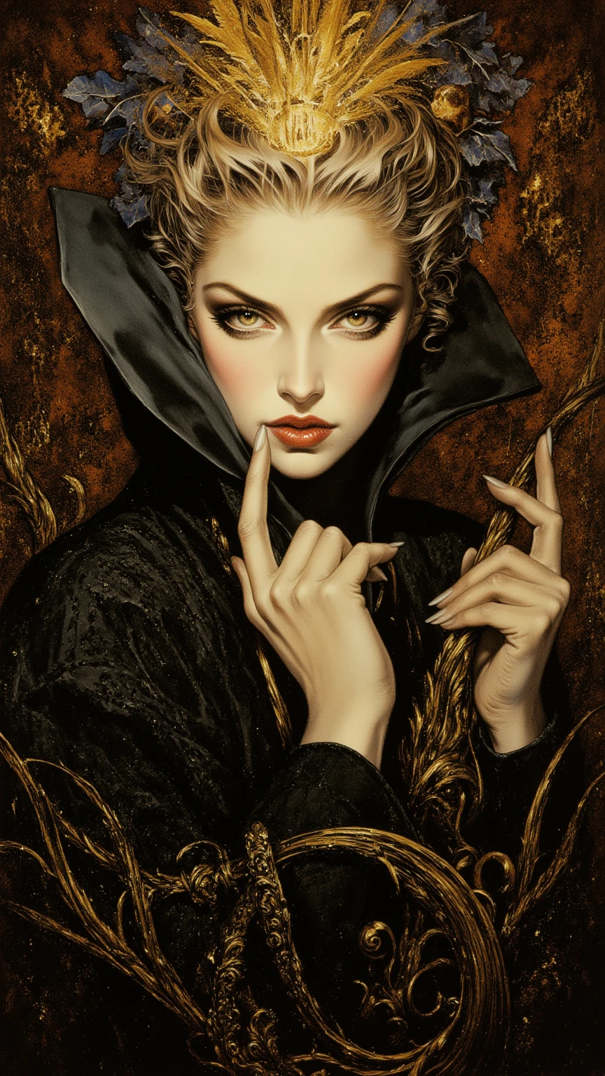 Baroque aesthetics, Integrate surreal elements, a play of light and shadow to enhance the melancholic atmosphere, Use nuanced lighting, emotional depth and mystery within the composition, Emulate the intricate and detailed style of Nicola Samori, infusing the artwork with very subtle distortions and surreal anatomical abnormalities. Strive for a delicate balance between the elegance of Baroque opulence and the surreal beauty, Utilize a somber color palette characterized by muted tones and desaturated hues to convey a pervasive sense of melancholy, 1girl, smoking cigarette, long hair,