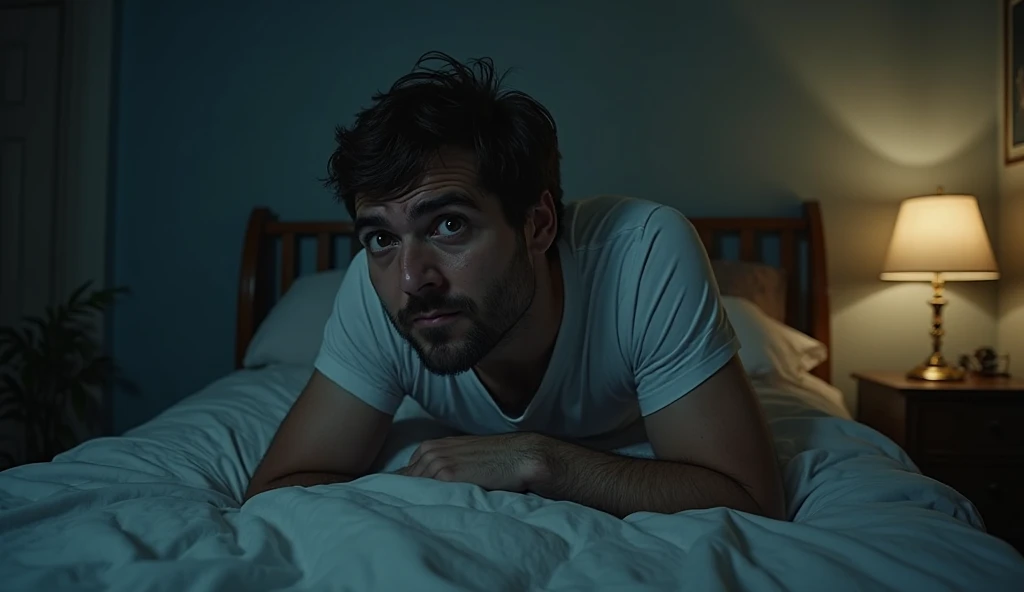 scared man in bed and afraid of the terrible devil