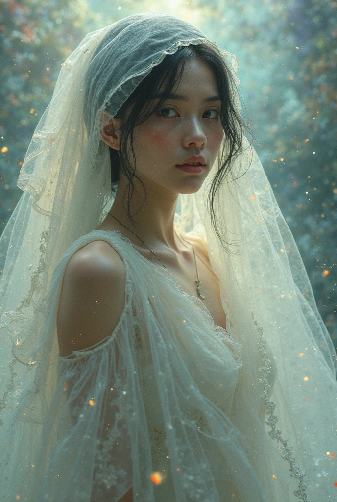 Abstract style hauntingly ethereal portrait of a mysterious figure draped in translucent fabric, crystals adorning their hair, amidst a dreamlike swirl of pastel hues and soft light, evoking a sense of calm serenity and elusive beauty, high detail, award winning masterpiece with incredible details . Non-representational, colors and shapes, expression of feelings, imaginative, highly detailed