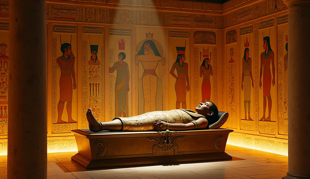 A cinematic still from a historical film, depicting the luxurious interior of a pyramid in ancient Egypt. The scene features an elaborate room with one opulent sarcophagi OF ADULT MUMMIES adorned with gold inlay and intricate carvings. In the center, golden vases among the artifacts. The walls of the pyramid are adorned with impressive hieroglyphic murals, casting a warm and mysterious atmosphere over the entire scene., photo, architecture, cinematic