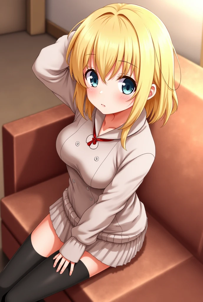 1girl, blond_hair, blue_eyes, short hair cleavage, school_girl,  black_legwear, black_thighhighs, red_skirt, pleated_skirt, white_button_shirt, unbuttoned_shirt, erect_nipples_under_shirt, red_hair_ribbons, realistic, best quality,ultra-detailed,sharp focus,vivid colors,photorealistic,dynamic composition,indoor lighting,dramatic color scheme,stylishly, meticulous attention to detail, sitting on a big red leather couch, legs_spread, (((small breasts:1.4)))