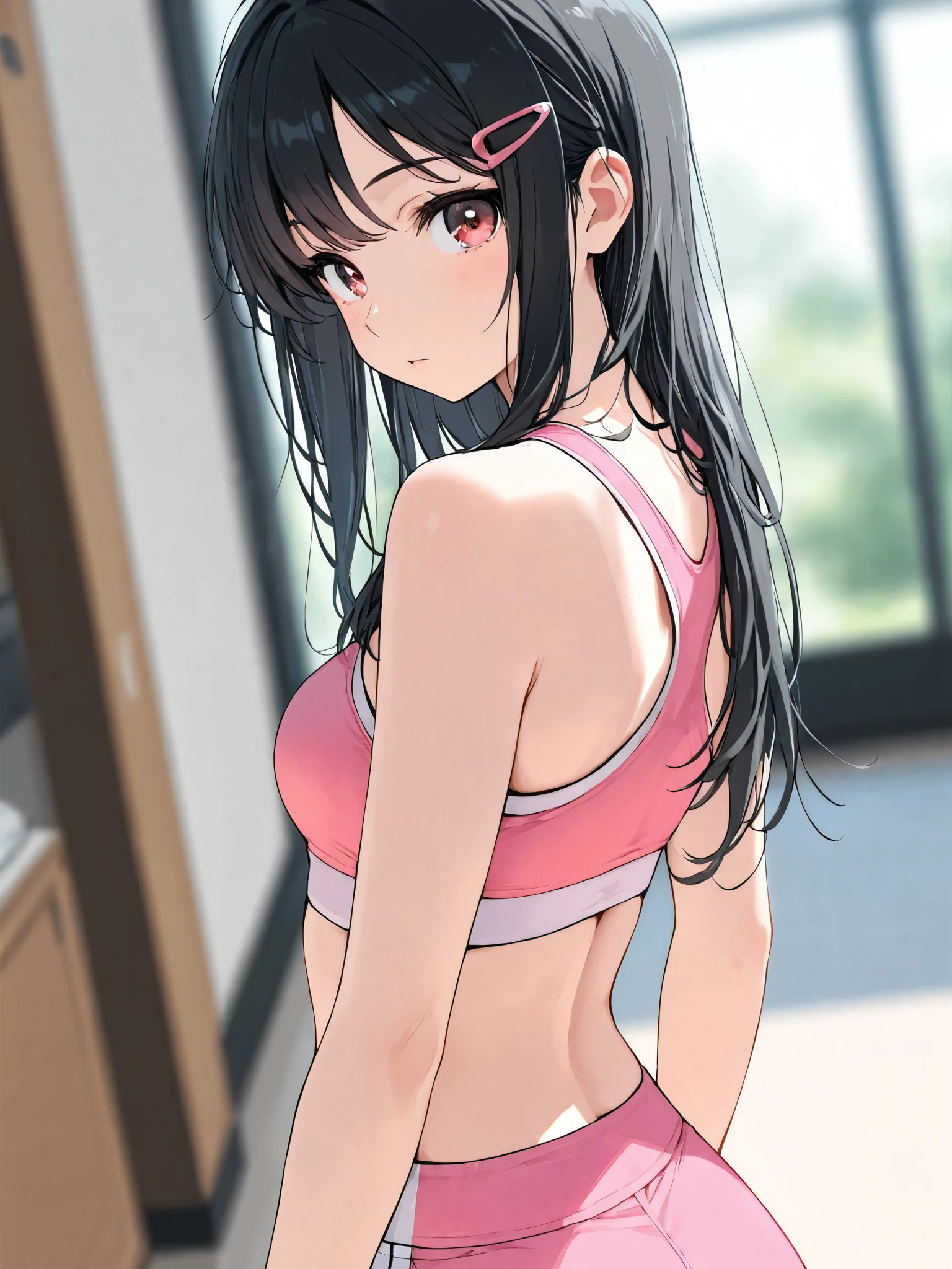 woman, looking at viewer, long black hair, hair clip, pink sports bra, pink sports shorts, blurry background, light color, upper body, high angle shot