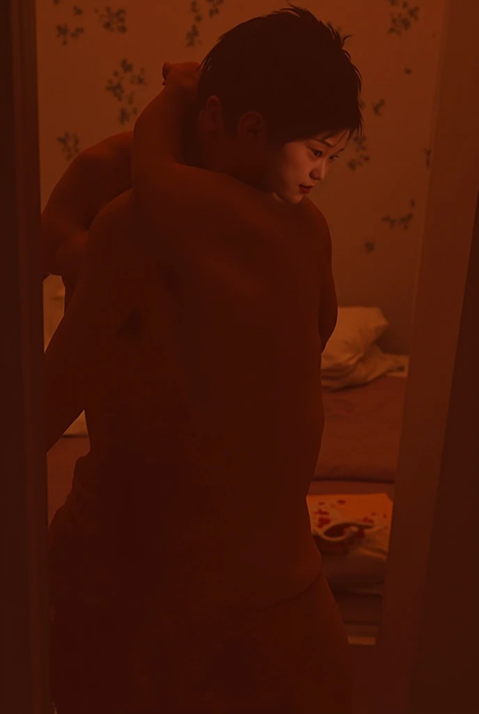 1boy、Photo Quality、Handsome Men、Mash Hair、Japanese male, 、Slim body、Completely naked、Full nudity、erection、Huge penis、Highest quality、Realistic、beautiful、Sad look、Stand in front of the middle-aged men sitting on the sofa、Back view、Dimly lit luxury hotel room