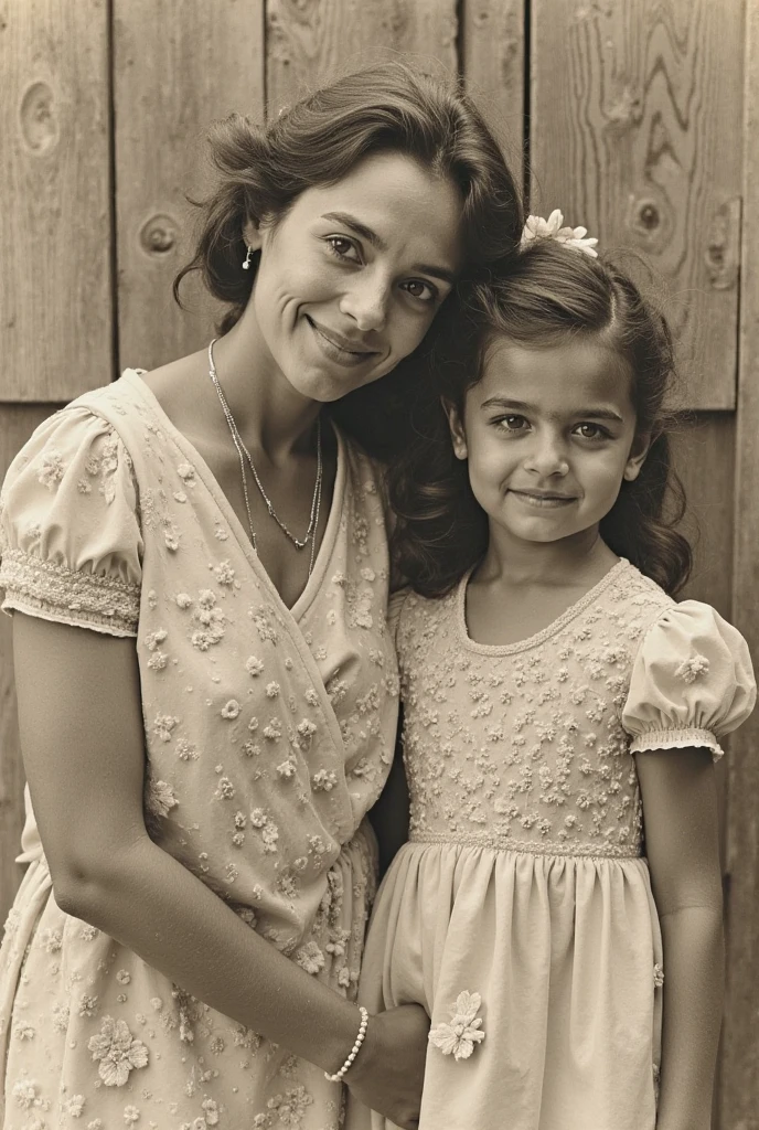 A black and white portrait of a woman with curly hair and a warm smile, holding a young child with a serious expression. The woman is wearing a collared shirt, and the is dressed in a light-colored outfit with buttons. The background is a simple studio setting, and the photograph captures a tender and timeless moment between the mother and her