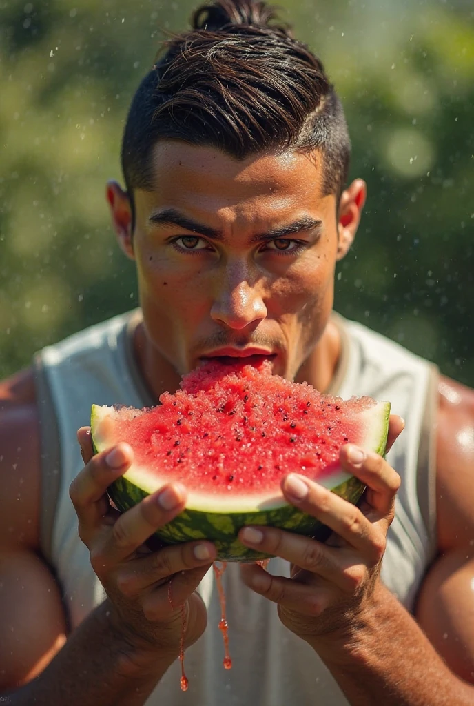 A cute, handsome, beautiful young man with a white face, thin and smooth skin, shirtless, naked, wearing a hat, eating a sliced watermelon in his hand. A cute butt of a man standing in a swimming pool.