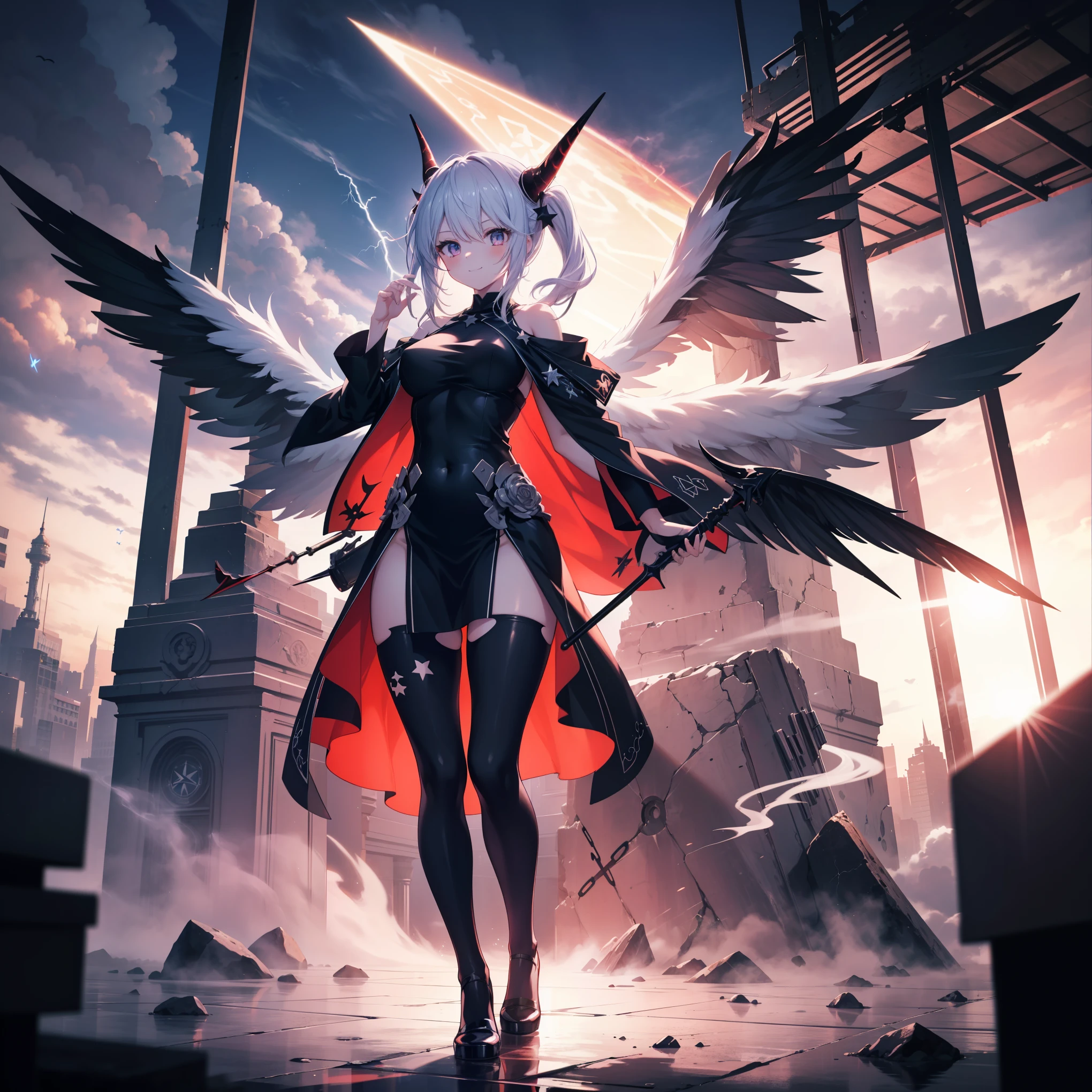 Masterpiece, best quality, ultra-detailed, anime style, Chaos Demon girl, like smoke and shadow given form, giant horn and giant wing, shadow sword and shadow claw, supernatural Lightning and flame, ((Eight-pointed star symbol)), 8k high resolution, trending art station, whole body, winning smile