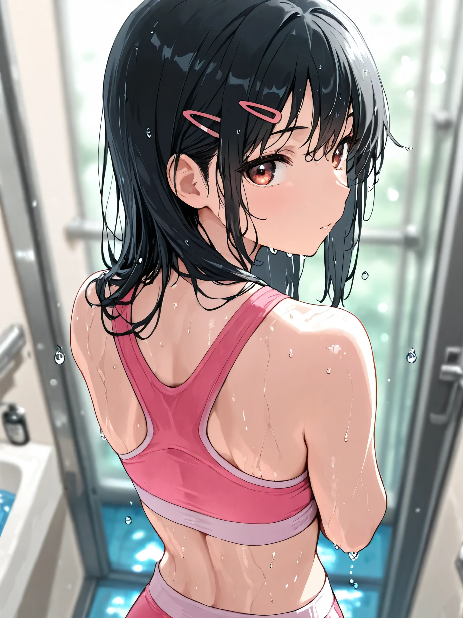 woman, looking at viewer, long black hair, hair clip, pink sports bra, pink sports shorts, blurry background, light color, upper body, high angle shot,Water Drop,Wet person,Entering the bathroom