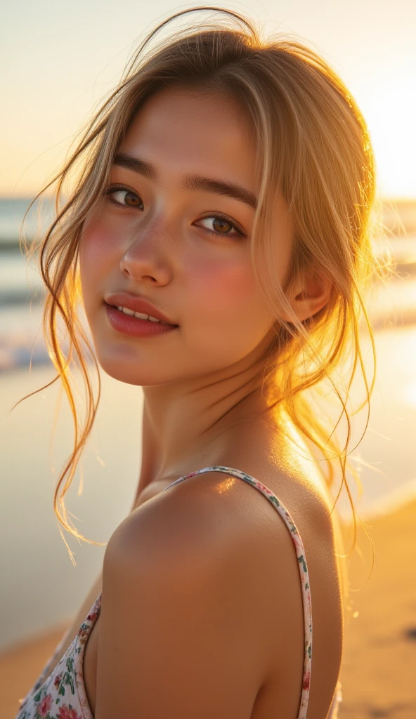 ((最high quality, 8K, masterpiece: 1.3)), (close:0.75), Realistic, Sharp focus, high quality, High resolution, French,Huge Busty Woman、２１Beautiful girl、Chubby body type、A beautiful woman with huge breasts （Wearing a white dress), ((Very strong sunlight)),The backlight makes her underwear visible、 smile, Long blond wavy hair,On the beach, facing the camera, eyes closed, making a kissing face、Images that emphasize the chest、