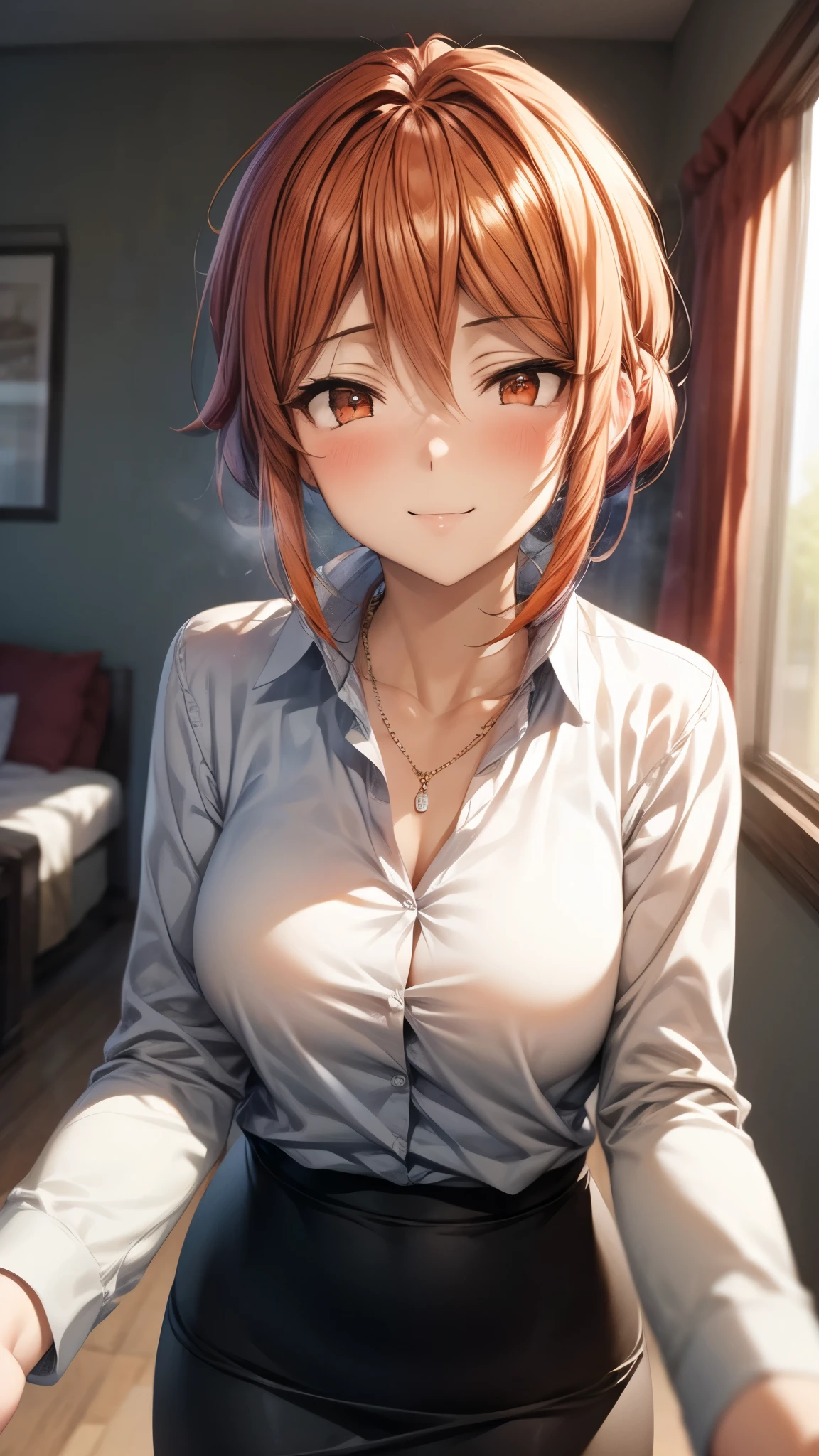 （Ultra High Quality,ultra high definition,16k,Super Masterpiece,Ultra HD ,detailed shading and background,） upper body shot from below,Sexy Wife,Orange hair put together, white long sleeve shirt,Chest Valley,necklaces,Pencil Skirt,smile,blush,living,Leaning forward greatly,