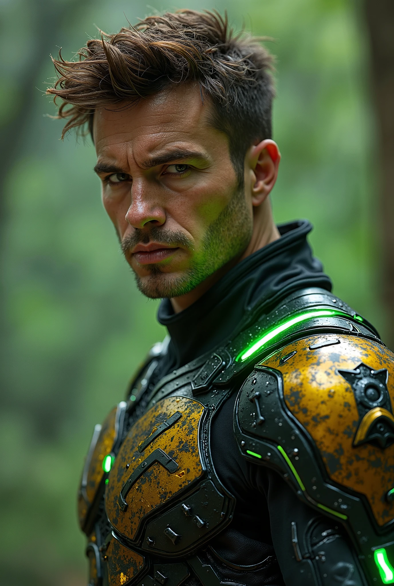 Arafed man in a green and black armor with a green light on his chest ...