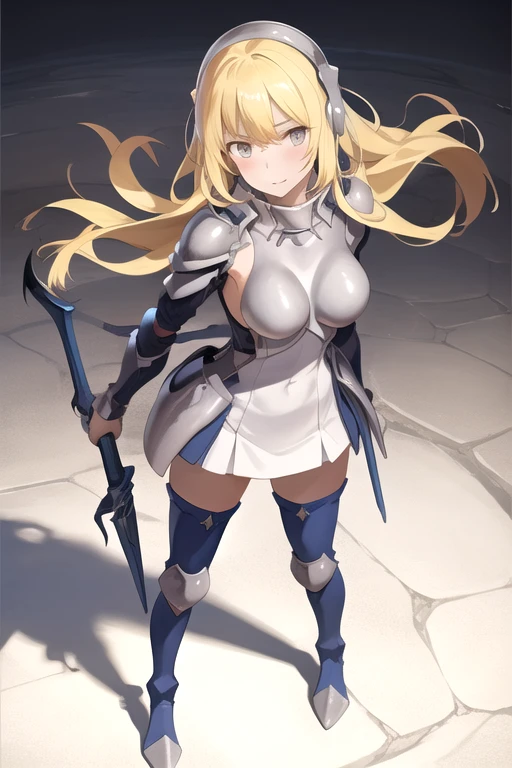 Tall girl, long blonde hair, violet eyes, knight armor, huge sword, combat stance, Masterpiece, hiquality