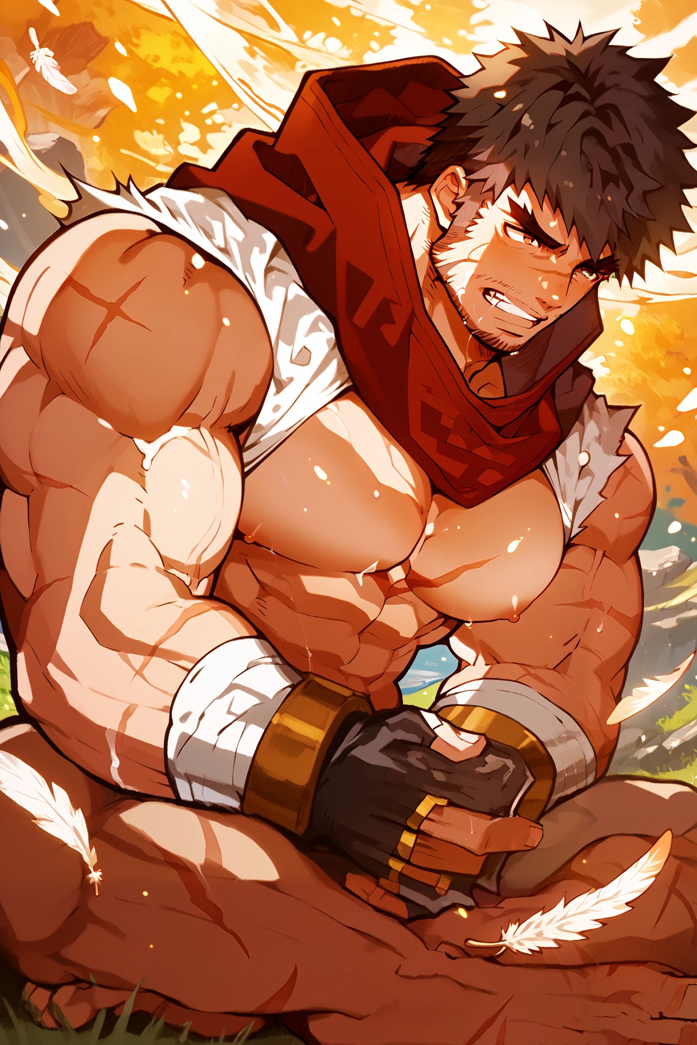 Score_9, Score_8_up, Score_7_up, Score_6_up, source code_game \(Online Dungeon Warriors\), perfect anatomy with round and round shape, perfect proportions, Best Quality,   masterpiece, high resolution, High quality, Aesthetic  , absurdity of feather, (  male焦点), 单身  male, BERGrappler,   male摔跤手 \(Online Dungeon Warriors\), dark hair,   short hair, brown eyes, thick eyebrows,  forked eyebrows , stubble,   facial scars, Scars on the Nose, scar on cheek,   strong physique  , Chest depressions  , /Black Fingerless Gloves,  Bicolor Sleeping Gloves, barefoot, white wristband, white ankle bandage, nipple,Adult Underarms,   mature,   male,   manhood  ,   handsome, charming, attractive,  Bracket, upper body, dutch angle, cowboy shooting, 色调  male, serious,   Battle Pose  ，defeat,nsfw,Porn,be fucked,How,Howshot,body How,