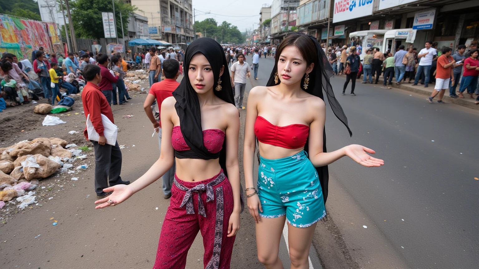 Create 1 matured malay women wearing white color halter tops and pastel pink high waist pleated skirt with pink hijab walking in morning wet market, looking at viewer, malaysian women, 35 years old, big sagging tits, sagging breast, detail skin texture, professional photography, ray lighting, ultra realistic, crowd in wet market background,