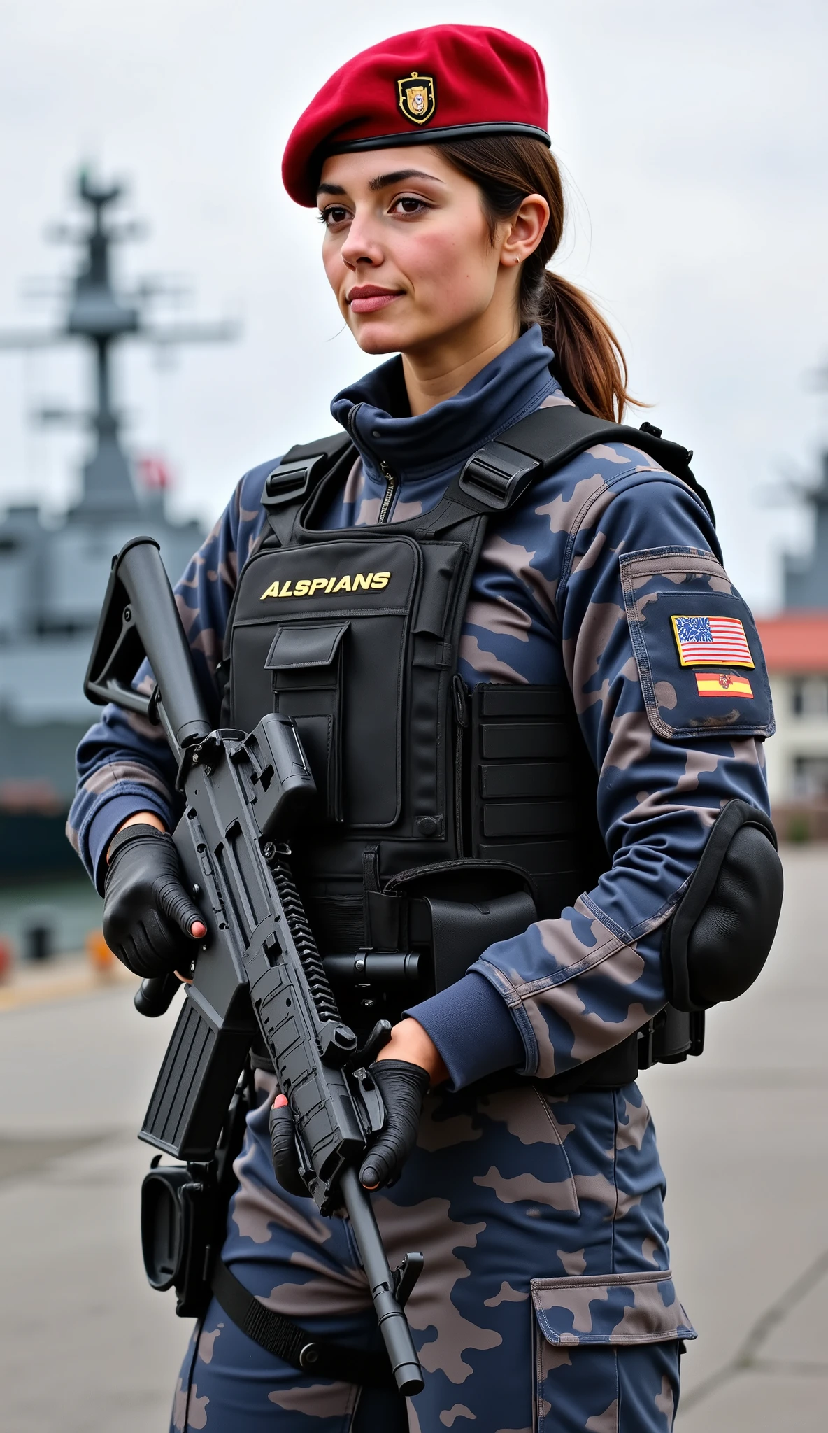 A beautiful and confident young Spanish woman, serving as an elite naval special forces operative, stands facing slightly to the left with a composed and determined expression. Her deep brown eyes and strong yet elegant facial features reflect both grace and resilience, embodying the discipline and skill of Spain’s elite maritime warriors. Her dark brown hair is neatly tied back into a long bob, ensuring professionalism and practicality in high-risk operations.
She wears a tactical camouflage uniform specifically designed for Spain’s naval special forces, optimized for coastal and amphibious warfare. The high-performance combat suit, blending shades of navy blue, gray, and black, provides stealth and protection in maritime environments. A red beret, the signature headgear of Spain’s elite naval commandos, sits firmly on her head, symbolizing her elite status and unwavering dedication to her country.
Her tactical vest is reinforced with ballistic protection and multiple pouches for ammunition, grenades, and essential combat gear. The combat gloves and knee pads offer additional durability, ensuring maximum efficiency during high-stakes missions. She carries a modern rifle used by Spain’s naval special forces, designed for precision and adaptability in both land and sea operations.
The background features a Spanish naval military base, with warships docked along the harbor, special forces training areas, and high-tech naval equipment strategically positioned across the compound. The sea breeze, the sight of war vessels, and the disciplined movements of elite naval personnel create a setting of strength and readiness.
Her posture is poised and assertive, exuding confidence and expertise. With a focused gaze and steady stance, she embodies the courage, skill, and determination of Spain’s naval special forces, prepared to defend and protect her nation in the most challenging maritime environments.