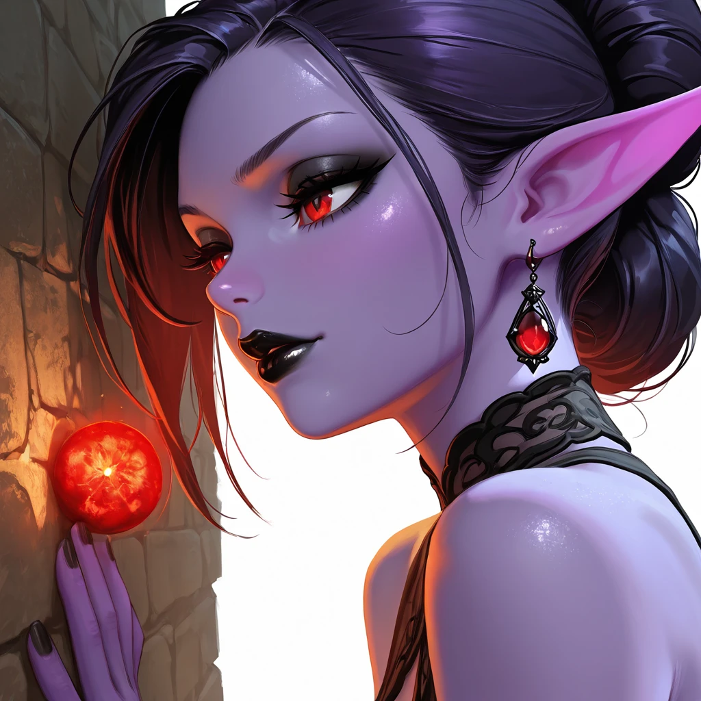 tiefling girl with horns, tight white priestess outfit, dnd style portraiе, pixie-cut black hair, dark make-up, lipstick, tatoo, warlock celestial, yellow eyes skirt,sex face