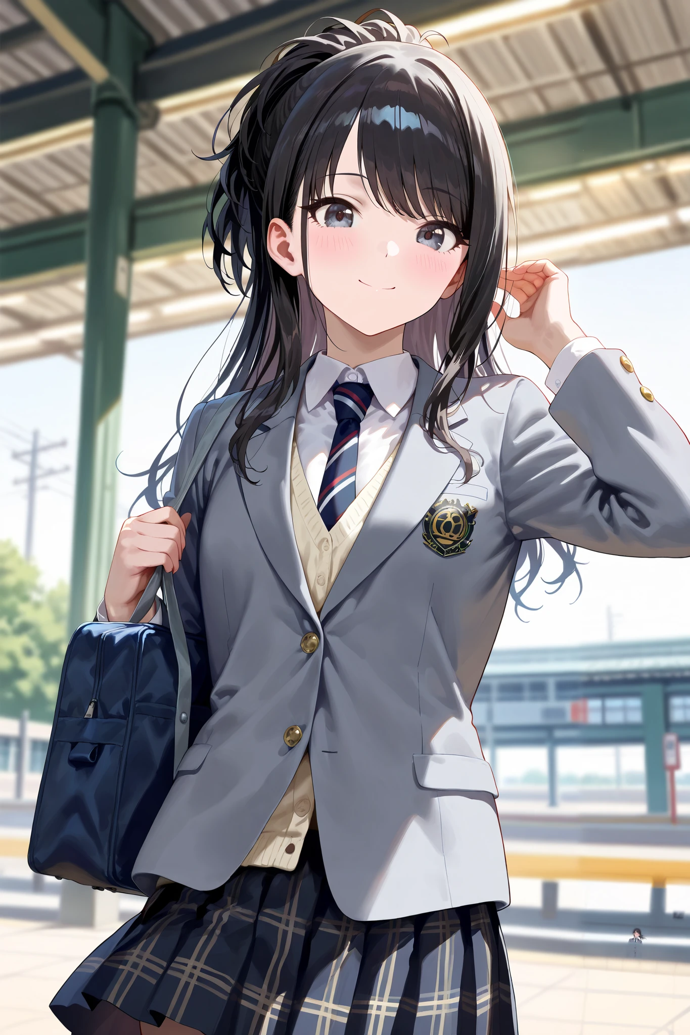 (masterpiece), (Highest quality), (Very detailed), (The best shape), (Best Shadow), (Absurd), (Detailed Background), (so beautiful), Shiny, Beautiful eyes in every detail, Extraordinary, Countershading, 8k, 32K, High resolution, Very Detailed CG ,

Score_9, Score_8_up, Score_7_up, Source_anime, 
(Pastel painting:1.2), (Watercolor painting:1.2),
(Masterpiece, Detailed:1.2), (Foreshortening:1.2),

Cinematic, Dramatic, (depth of field:1.4),
(blurry background:1.4), (Realistic background:1.4), dynamic angle, from below,
1girl, solo, 
Japan, station, Station platform, Urban Station, wind,

Kazano Hiori, 
the idolmaster shiny colors,
hiori kazano, ponytail, black hair, black eyes,

(school uniform:1.3), school bag,
White collar, tie, black tie, Stripes tie, gray tie,
(cardigan:0.9), Inner cardigan, linen cardigan,
blazer, (gray blazer:1.2), long sleeves blazer, (Button-up her blazer:1.5), (buttoned all the way up:1.4),
skirt, closed jacket, plaids skirt, black skirt,

(Blush:1.2),
portrait,
smile, happy,
Realistic skin,
Shiny skin,
