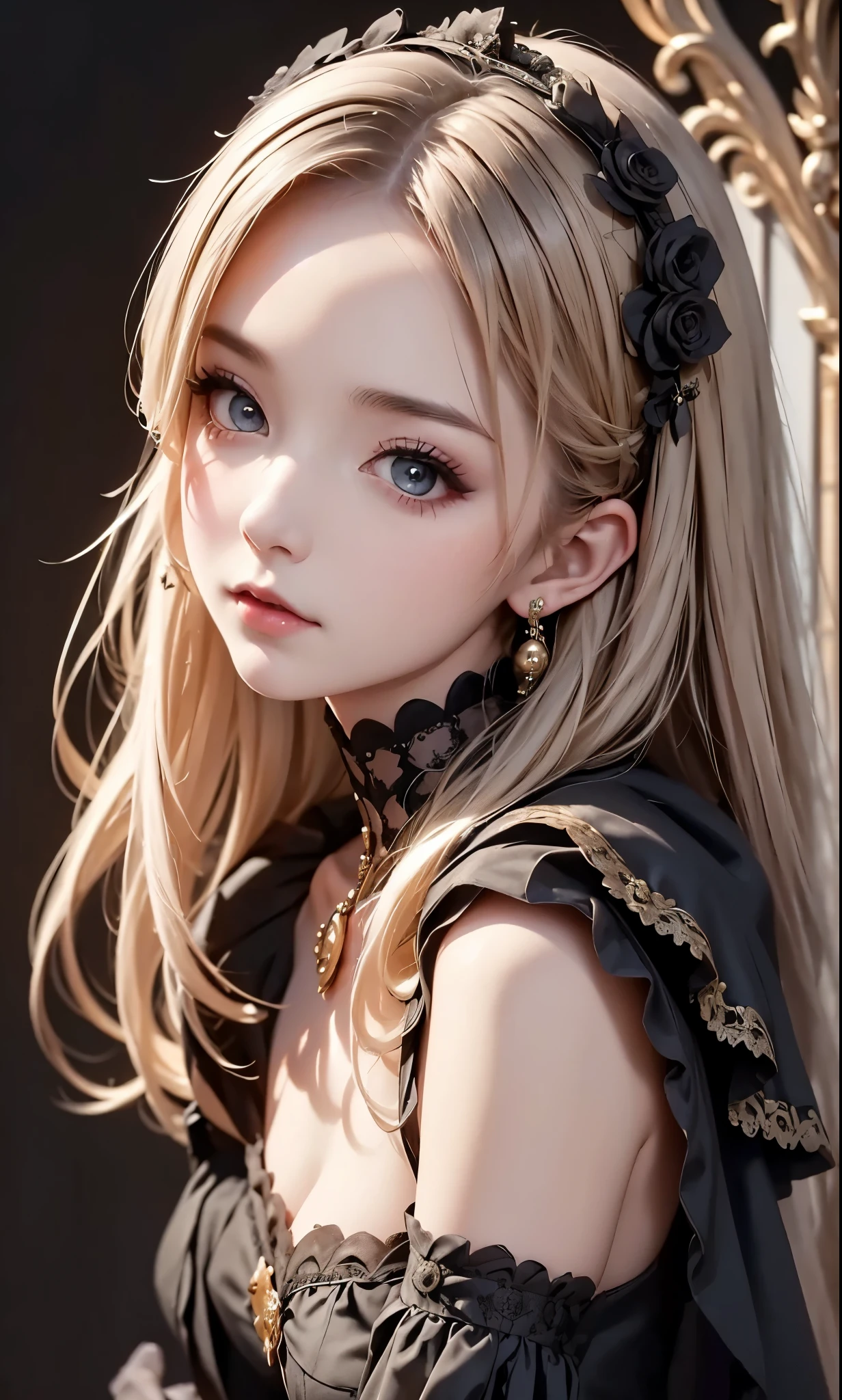 woman wearing dress and boots , baroque dress, wearing a detailed steampunk dress, elegant gothic princess, victorian gothic ta fashion, historical baroque dress dark, black gothic loliress, fantasy style clothing, rococo dress, black rococo, fantasy costume, wearing a gothic dress, romantic dress, gothic dress,blonde, tilt her head,(((upper body portrait))), ((from side))
