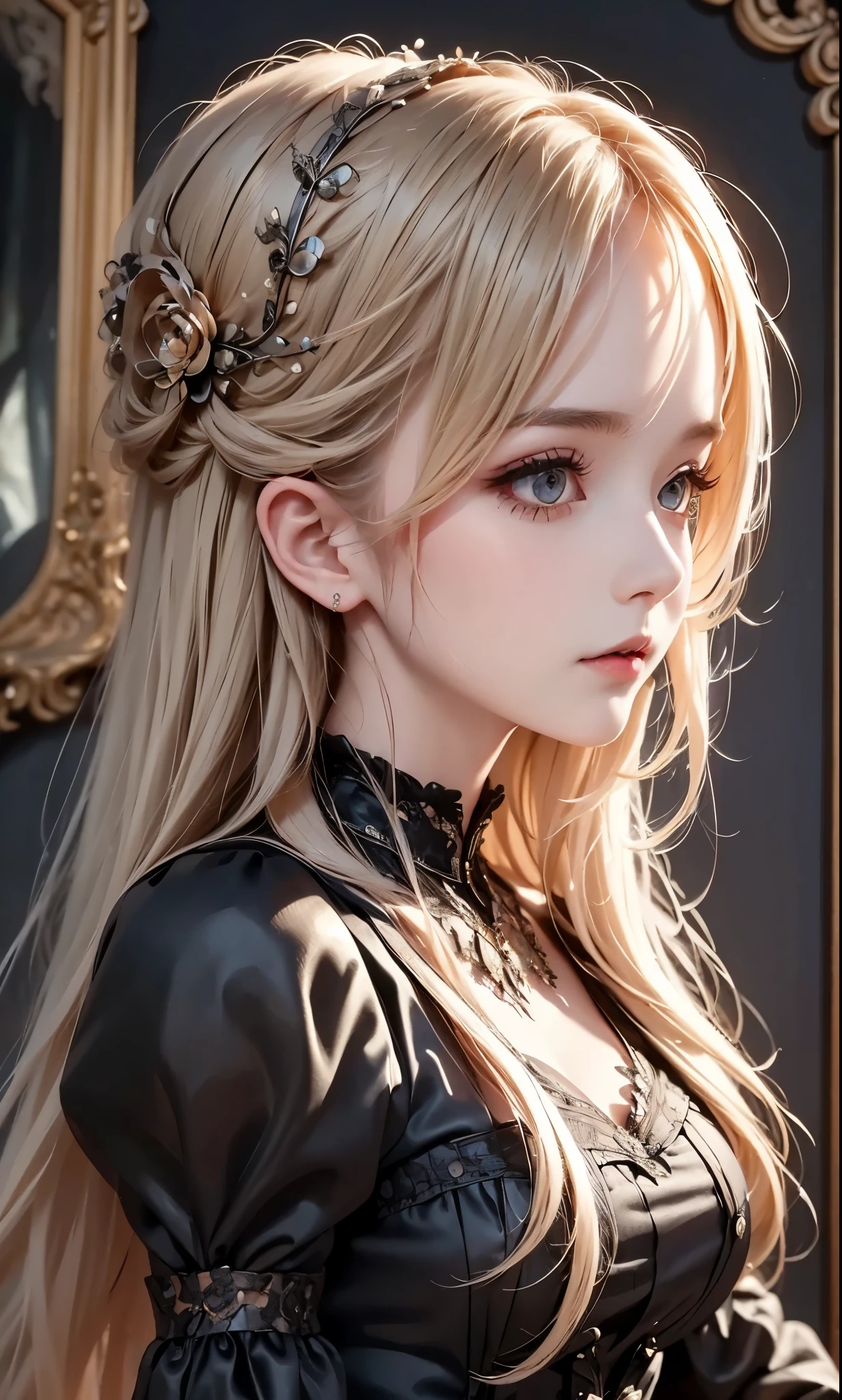 woman wearing dress and boots , baroque dress, wearing a detailed steampunk dress, elegant gothic princess, victorian gothic ta fashion, historical baroque dress dark, black gothic loliress, fantasy style clothing, rococo dress, black rococo, fantasy costume, wearing a gothic dress, romantic dress, gothic dress,blonde, tilt her head,(((upper body portrait))), ((from side))