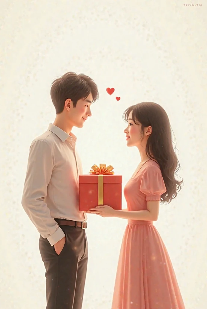 make me a picture with a Valentine's Day theme, where the background is surrounded by flowers and there is a happy husband and wife, and the husband gave a Valentine's Day gift