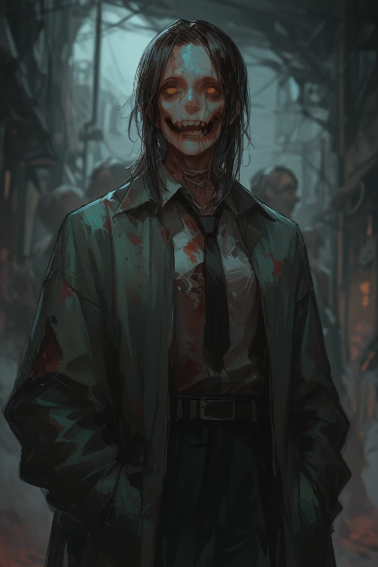 naughty man,zombie with scars on his face,with white eyes and black hair with dark circles under his eyes and a beautiful appearance besides being in a suit