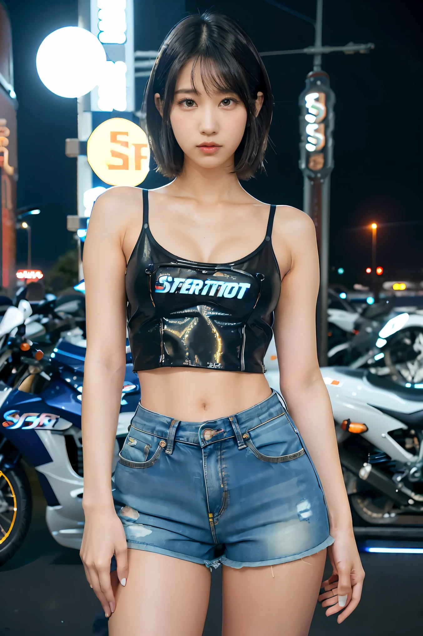 a lot of details, (slender waist), 30 years old, detailed black hair, beautiful detailed hair, super fucking beautiful, complex details beautiful and delicate eyes, perfect hands, (small breasts best quality), perfect and delicate limbs, detailed skin, best quality, ultra-detailed,
Full body shot, ((standing in front of super sport motorcycle:1.5)), dazzling cityscape, skyscrapers, neon signs, LED lights, (camisole, bare shoulders, cleavage, crop top, cutoffs, denim shorts, midriff, short shorts, spaghetti strap), low angle shot, intense wide shot, (moonlight:1.2), wide-angle lens, in focus with blurred background