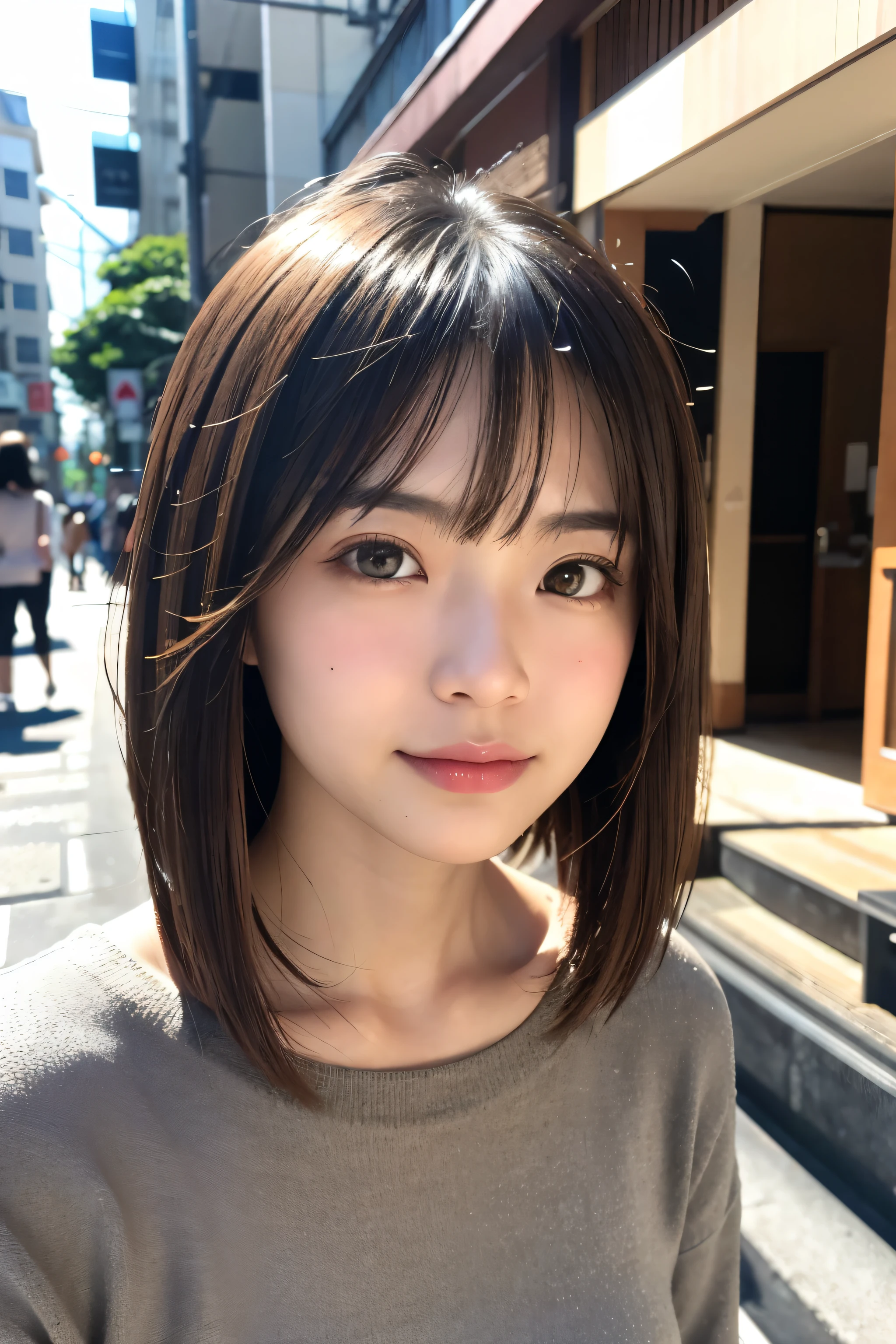 ((( shoulder length brown straight short bob )))、(((Her background is downtown Hawaii.、Pose like a model at the hair salon.)))、((( Casual Black Winter Street Fashion)))、face up、 half Japanese and Korean 、 18 year old girl 、independent、Expectations、light eye makeup、 Hair、 flat at honny 、hair that flutters in the wind、Quality of actress、 twinkle in both armpits, Ultra Realistic Faces 、Smile expression、Watery eyes、 looks up、 subdued lighting effects、 super realistic capture、very well detailed、High resolution 16K human skin close-up。Make the texture of the skin natural、 must be detailed enough to show pores 、The skin is healthy、 must be uniform in tone、Uses natural light and colors、model agency with NSFW Kyoto alley in the background'Exclusive photographer、smile