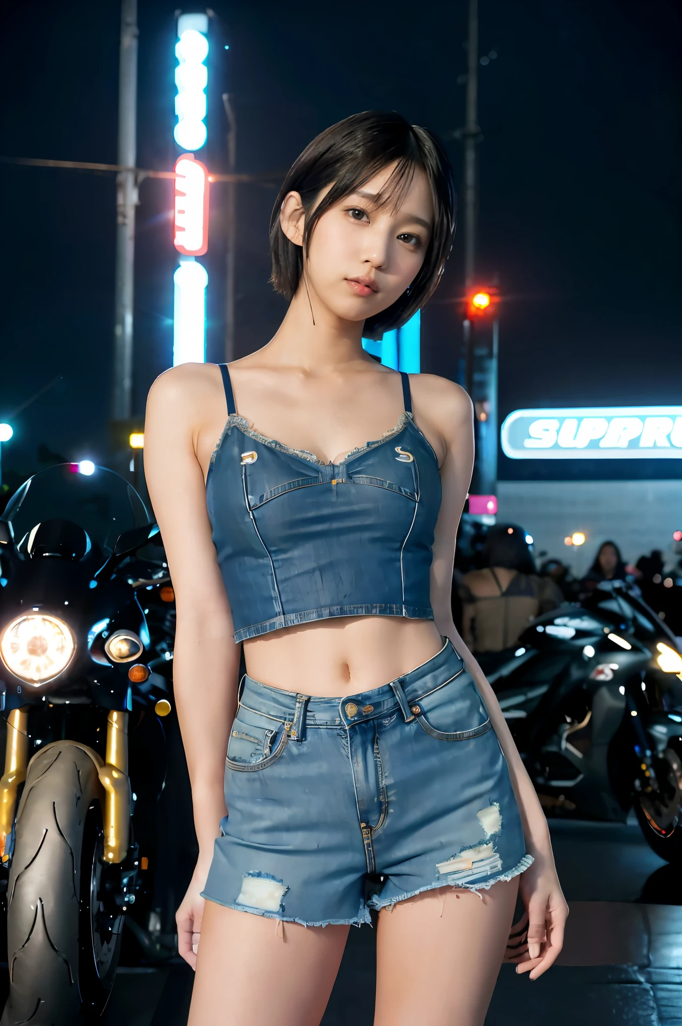 a lot of details, (slender waist), 30 years old, detailed black hair, beautiful detailed hair, super fucking beautiful, complex details beautiful and delicate eyes, perfect hands, (small breasts best quality), perfect and delicate limbs, detailed skin, best quality, ultra-detailed,
Full body shot, ((standing in front of super sport motorcycle:1.5)), dazzling cityscape, skyscrapers, neon signs, LED lights, (camisole, bare shoulders, cleavage, crop top, cutoffs, denim shorts, midriff, short shorts, spaghetti strap), low angle shot, intense wide shot, (moonlight:1.2), wide-angle lens, in focus with blurred background