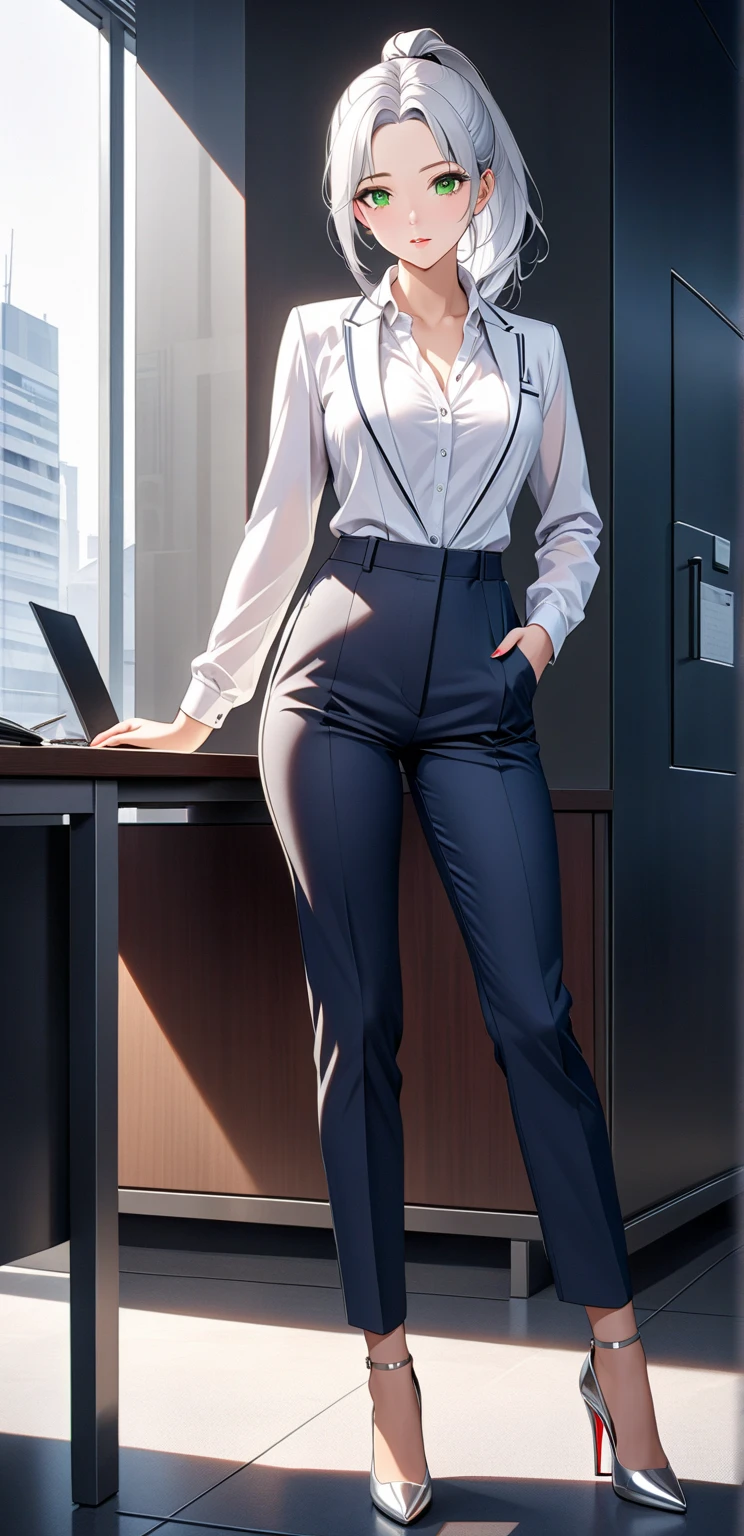 (masterpiece, Best quality), 8K, ultra detailed, realistic photo, Detailed face, perfect lighting, green eyes, bright orange hair, bright hair, fox ears, nice legs, side photo, beautiful, Cute, skin pores, 1 girl, stand in the office, hiking, Office pants, perfect shirt, fully dressed, beautiful women 30 years old, Beautiful proportions, Russian woman, Caucasian, European, Business lady, stunningly beautiful woman, mother, thick legs, show ass, big breasts, (Thin white shirt:1.4), thick, hot, (White Office Wear:1.4), tight pants, (wide hips:1.2), thick, (white Office pants:1.3), spread your legs, Legs open, full length, wide hips, Glasses
