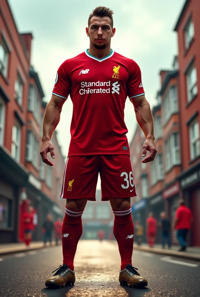 Un jugador del liverpool llamado Ramsay que usa el número 70 y también lleva manga largas y guantes negros y cabello ondulado apunto de cobrar un penalti