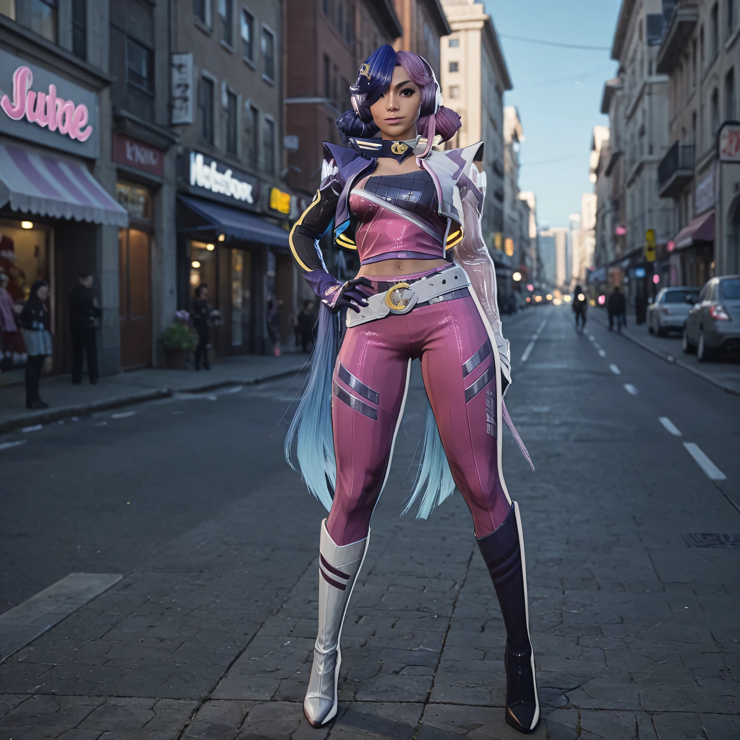 (Masterpiece), (expressive eyes), 1girl,standing, medium shot, cleavage, huge breasts, huge butt, city street,.,lun4m2099, 1girl, solo, gloves, purple hair, multicolored hair, belt, jacket, pink hair, long hair, headphones, blue hair, makeup, hair over one eye, pants, boots, bodysuit, lipstick, very long hair, purple lips, eyeshadow, cropped jacket, navel, twintails, high heels, two-tone hair, hair ornament, gradient hair, purple jacket
, score_9, score_8_up, score_7_up, source_anime, ,