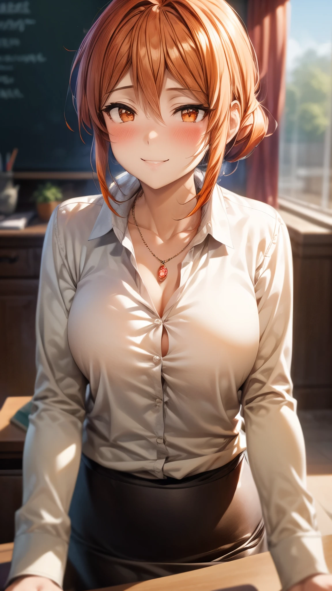 （Ultra High Quality,ultra high definition,16k,Super Masterpiece,Ultra HD ,detailed shading and background,） upper body shot from below,Sexy Wife,Orange hair put together, white long sleeve shirt,Chest Valley,necklaces,Pencil Skirt,smile,blush,living,Leaning forward greatly,