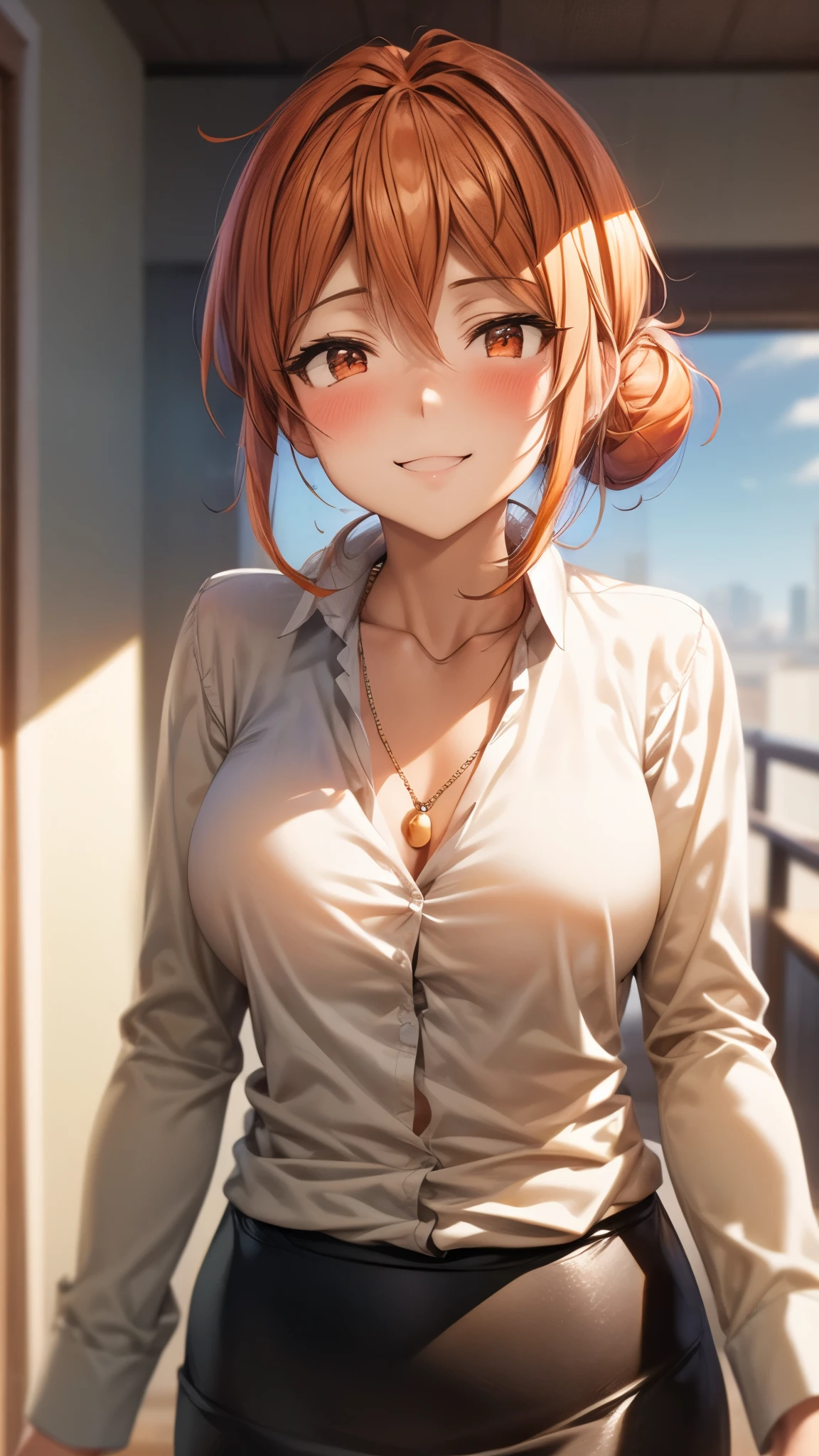 (Ultra High Quality,ultra high definition,16k,Super Masterpiece,Ultra HD ,detailed shading and background,) upper body shot from below,Sexy Wife,Orange hair put together, white long sleeve shirt,Chest Valley,necklaces,Pencil Skirt,smile,blush,living,Leaning forward greatly,