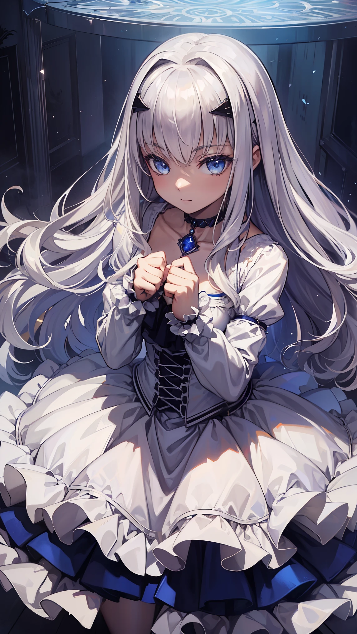 ( is of the highest quality,4K, 8,000, high resolution,  masterpiece :1.2), super fine,   girl ，Holy，( Silver white long hair  )， blue eyes ，obsessed， Elegant posture ， Fun ，in love， Lovely cloth  ， Detailed clothes ， Cute magical girl  , ( double bomb ,  Silver straight hair ),  Smile, compensate, blue eyes, Large percentage  , white gothic bear top dress , choker, Dark Basement Background, (Ultra-precise, Absolute determination, Best Quality:1.3), 2.5D, Delicate and Dynamic, Art photos,   super realistic , graphic CG digital cartoon style art
