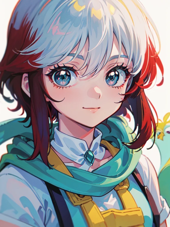 masterpiece, Alone, Elaborate, 超detailsな, ultra high definition, (best quality), (best shadow), details, perfect lighting, 1 girl in,( close-up face:1.5), Alone Focus,1 girl,(Pascal Tales:1.5),( 80s Anime Is This Style :1.2),multicolored hair, blue  shirt, white hair, scarf, red hair,  shirt, Two Tone Hair,short sleeve  shirt,( scoop neckline :1.2),scarf, yellow suspenders,( Pascal Outfit :1.5),1980s  anime style,  1980s cartoon style ,  in the style of 、,  retro anime ,  sharp, Defined Line,  details, makeup, beautiful face, beautiful eyes,smile,  80s Anime Is This Style ,  anime style,