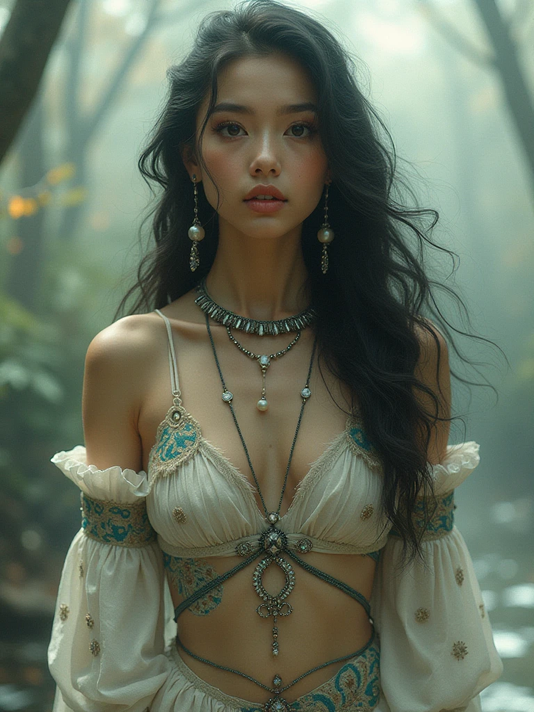 1girl, shaman, bohemian celtic robe, (13yo, cute:1.4), (breasts:1.2), headpiece made of bone with big moose horn, decorated with dead twig and branches, very long hair, (dry messy hair:1.2), detailed face, (looking at viewer:1.2), foggy forest, black hair, sensual gesture and expression,