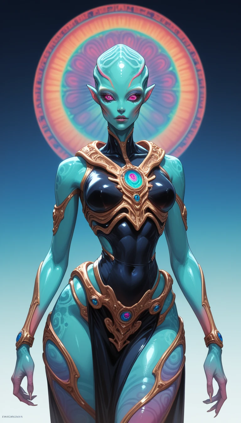 Ancient Extraterrestrial Creature, Alien Being, ((Non-Human)), Female seductive Alien, ((eye focus, cowboy shot, detail focus)), ((psychedelic skin)), intricate prismatic skin, Alien clothes, intricate Heavy armor