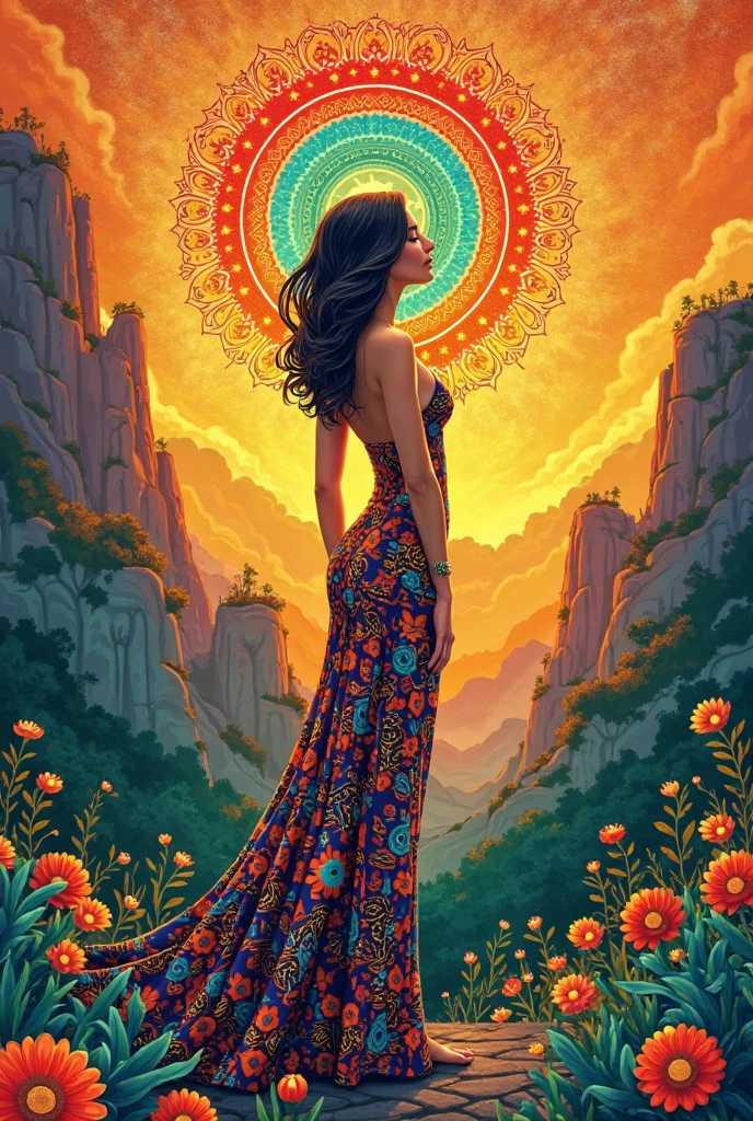 (Fashion Model:1.3), walk the runway, 1girl, solo, black hair, very long hair spread out, flowers, (fractal art:1.3), colorful, wide shot, cinematic lighting, photorealistic, best quality, high quality, ultra high res, hyper detailed, absurdres, absolutely resolution, detailed details, cinematic landscape, cinematic lighting, (ultra wide angle:1.3), beautifully, aesthetic, Walking toward us, Audience looking up the runway,