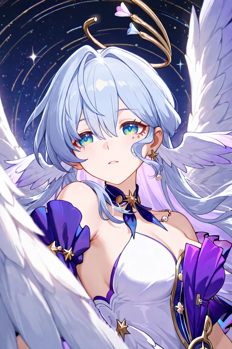1 woman、爆乳、cleavage of the breast、Pale night sky hair studded with stars、Long Lace Bale、ta clothes with lots of frills and ribbons、angel wings encrusted with jewels、A smile