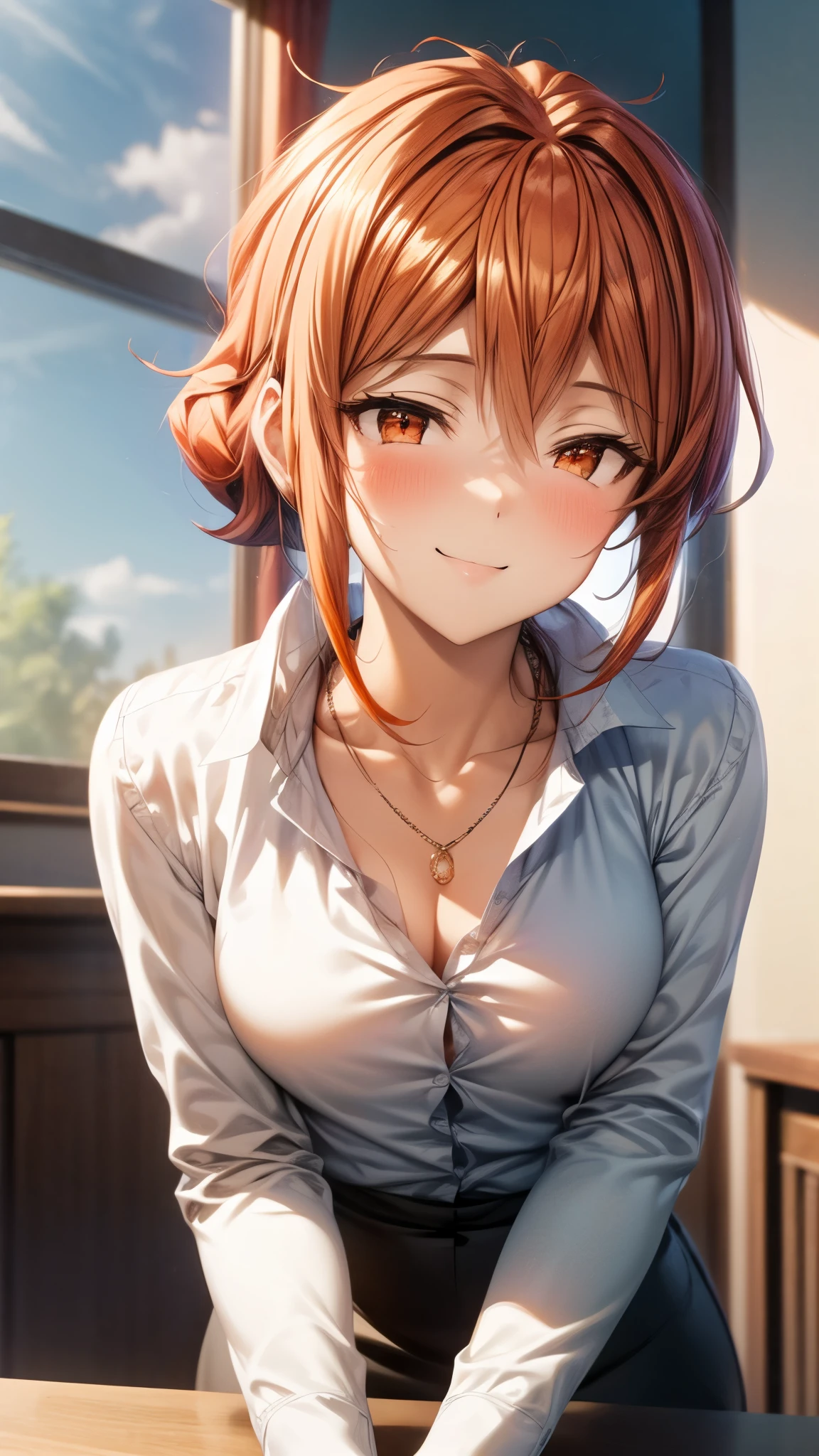 (Ultra High Quality,ultra high definition,16k,Super Masterpiece,Ultra HD ,detailed shading and background,) upper body shot from below,Sexy Wife,Orange hair put together, white long sleeve shirt,Chest Valley,necklaces,Pencil Skirt,smile,blush,living,Leaning forward greatly,