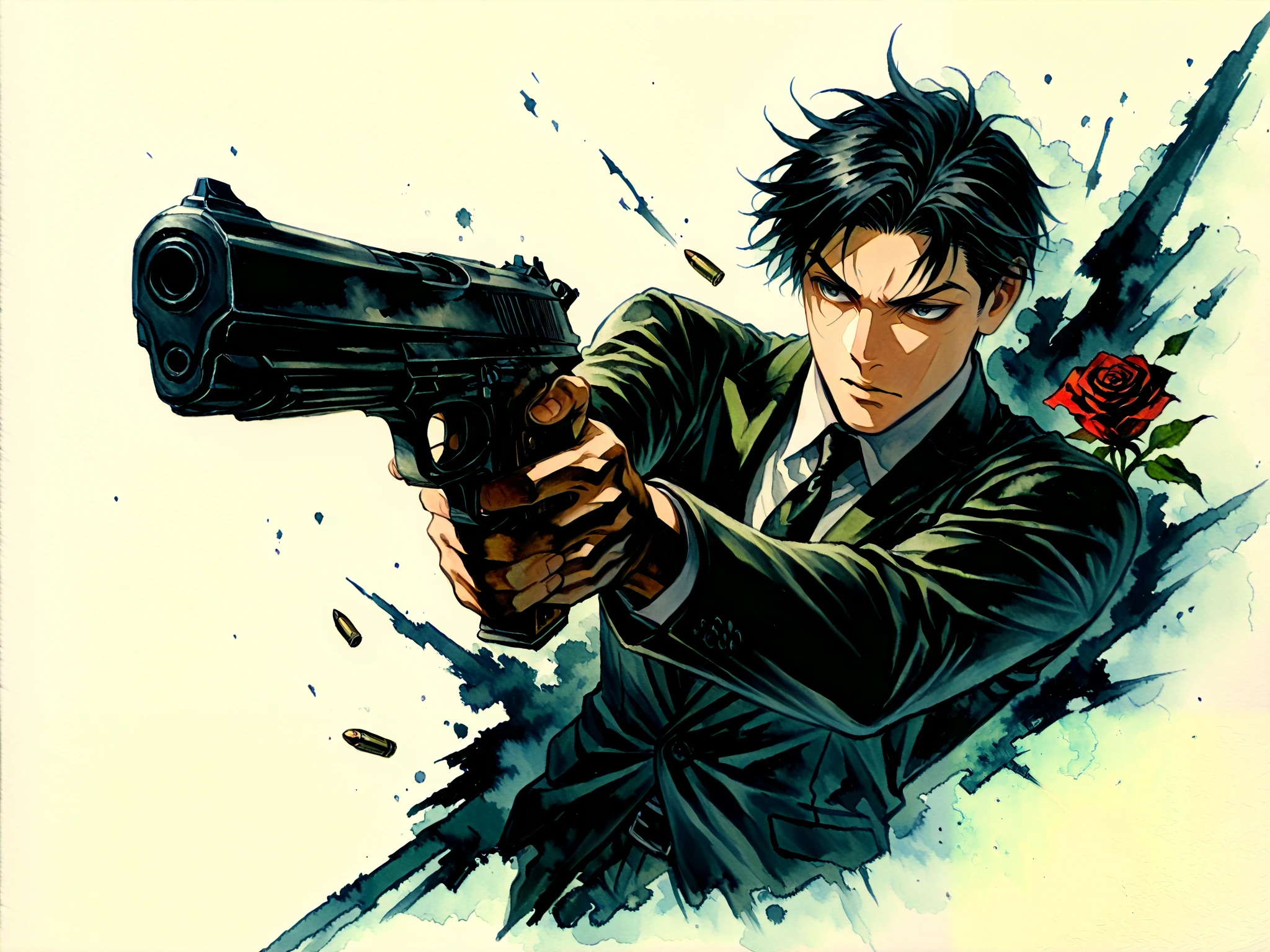 1boy ,weapon,alone,male focus,gun,traditional media,formal,suit,firing,necktie,handgun,marker (medium),black hair,holding gun,red rose,score_9,score_8_up ,(Bullet Time Dodge),(Western Gunman),aim and shoot at the counter,Age up ,(Bullets that grab the cheek)